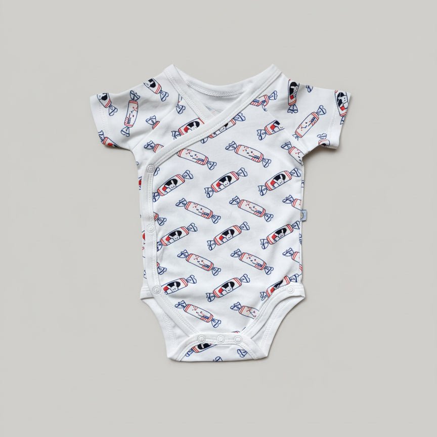 the wee bean baby organic clothing onesies romper in white rabbit candy print newborn kimono style