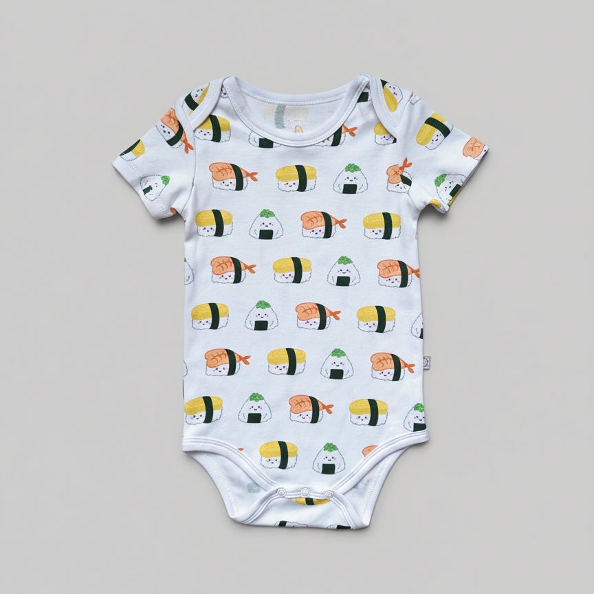 the wee bean organic cotton onesie clothing romper in sushi nigiri ebi shrimp tamago and onigiri