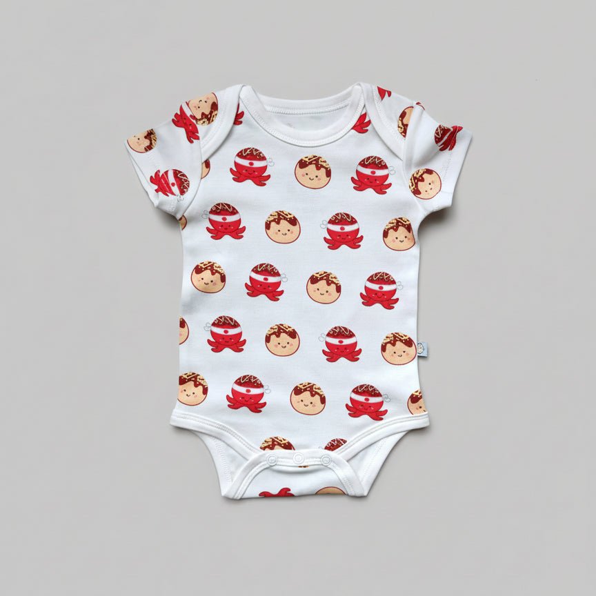 the wee bean organic cotton baby onesie bodysuit in takoyaki octopus balls 