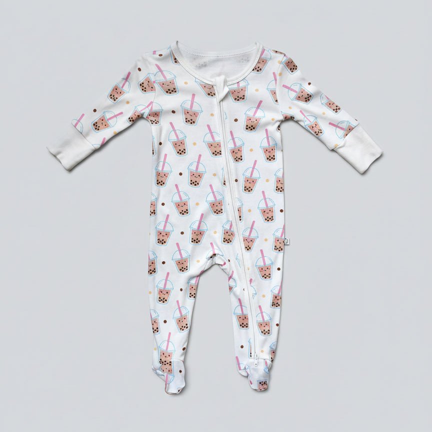 the wee bean bamboo romper with reversible double zipper convertible romper in boba bubble tea newborn size
