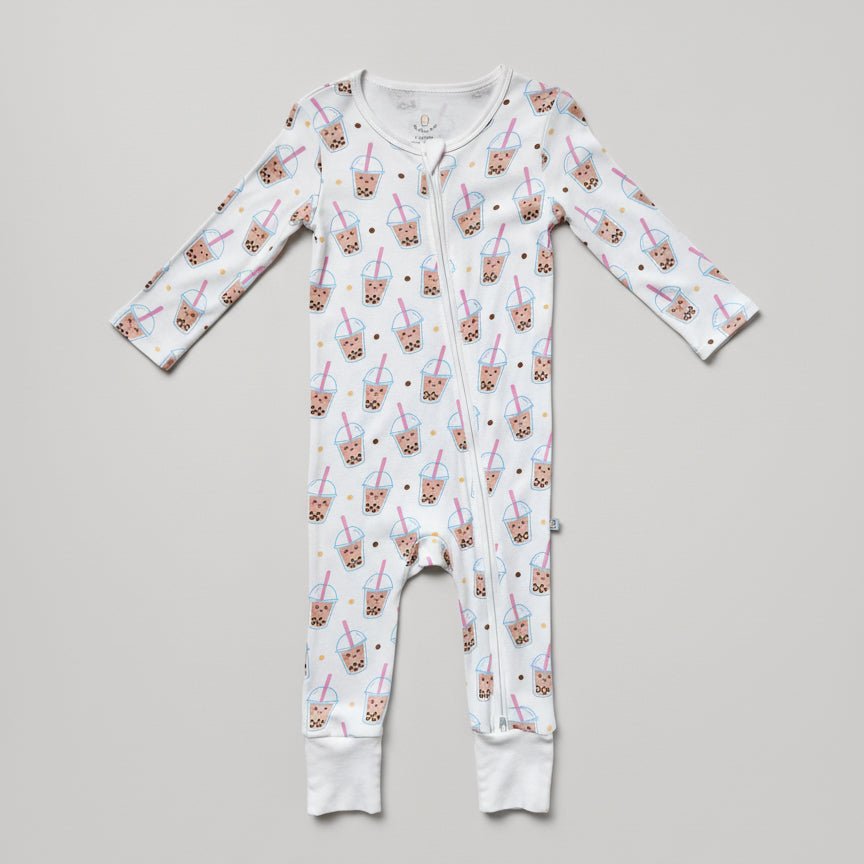 the wee bean bamboo romper with reversible double zipper convertible romper in boba bubble tea toddler size without footies