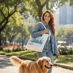 Woman walking a dog in a park holding a colorful  hong kong skyline tote bag