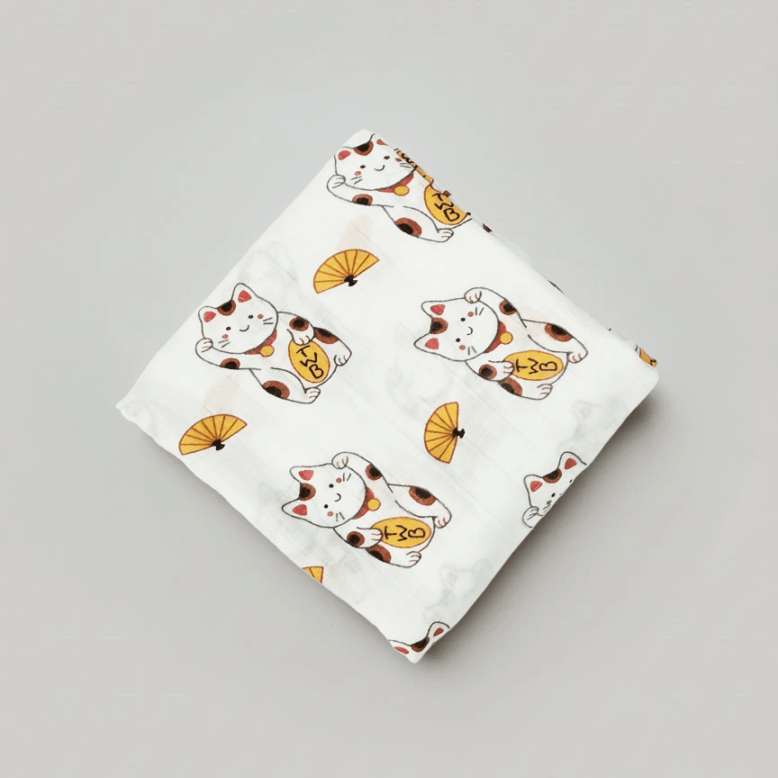 Organic Bamboo Swaddle Blanket - Lucky Cat Maneki Neko - The Wee Bean