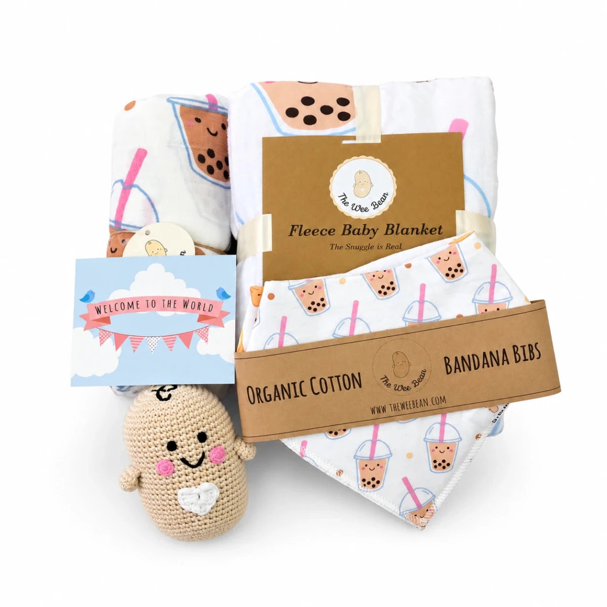 the wee bean organic and sustainable baby gift set in boba with a rattle doll, minky blanket, swaddle and bib set