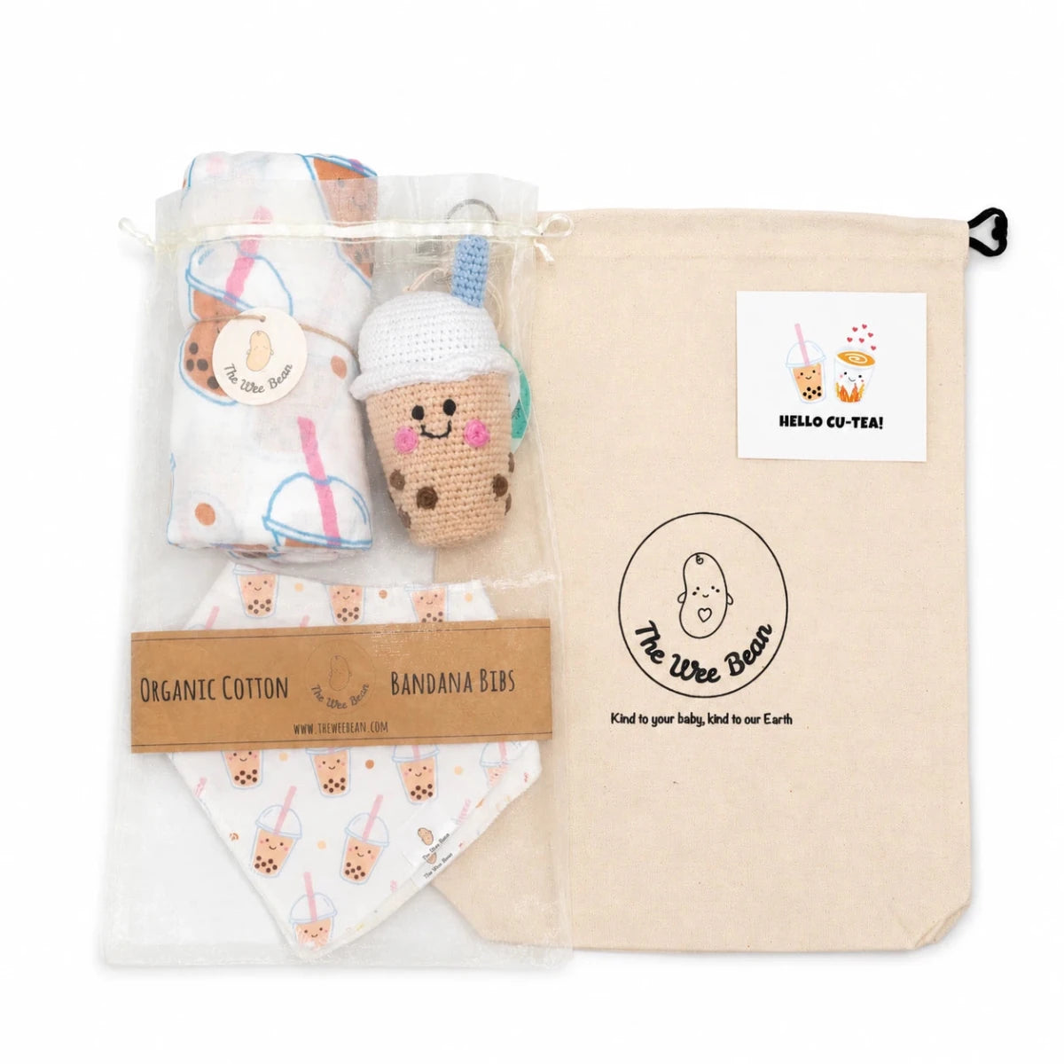 organic cotton and sustainable baby gift set in boba with swaddle, bib set and organic cotton crochet rattle doll
