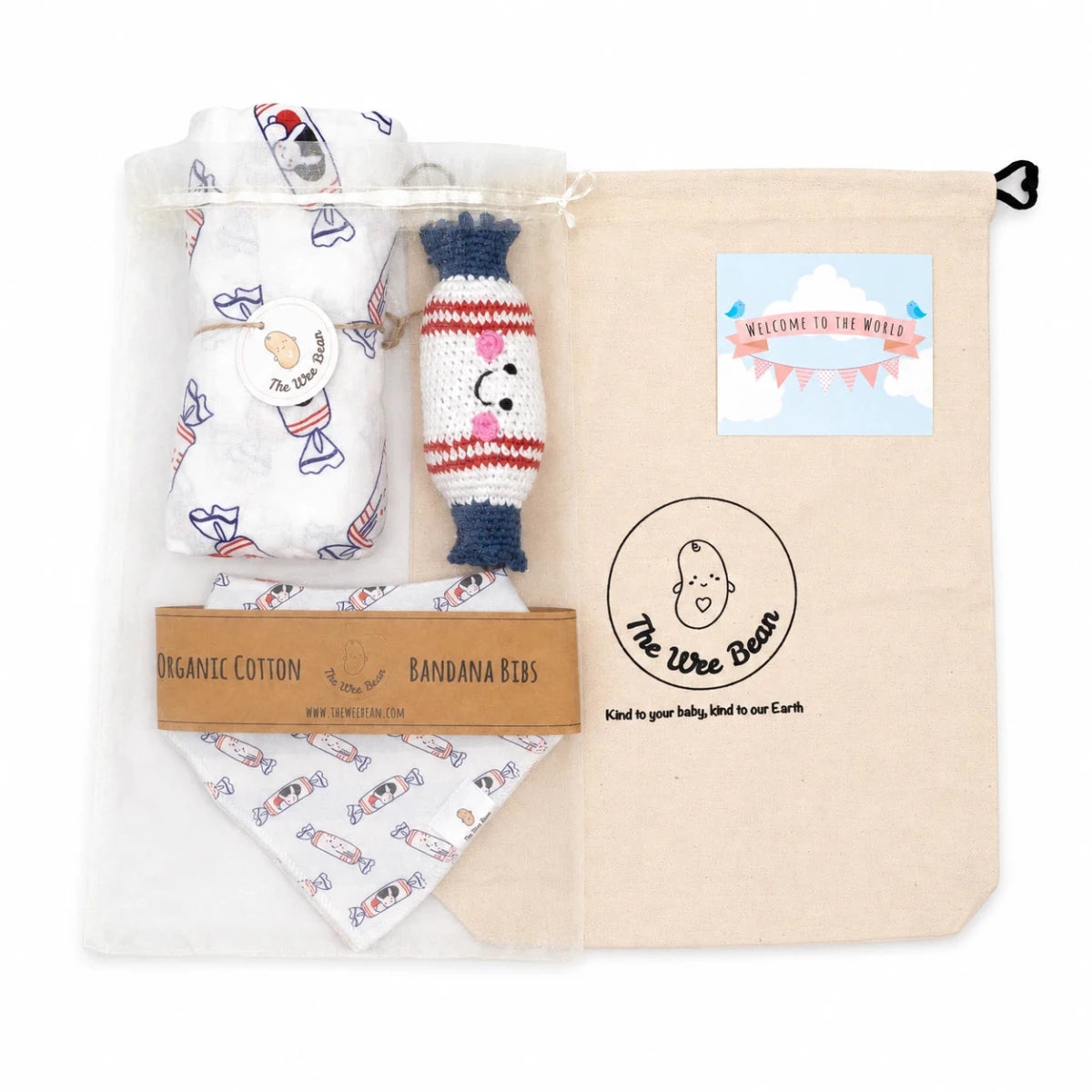 Baby product set with organic cotton bandana bibs and a rattle, branded 'The Wee Bean', on a white background.