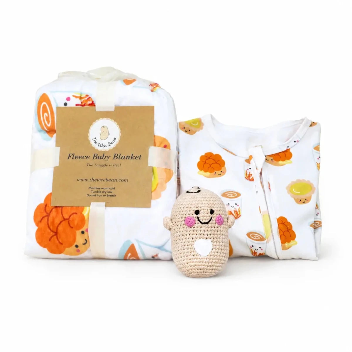 the wee bean sleepwear slumber organic gift set with dim sum pineapple bun and egg tart minky fleece sensory blanket, zip romper and rattle doll