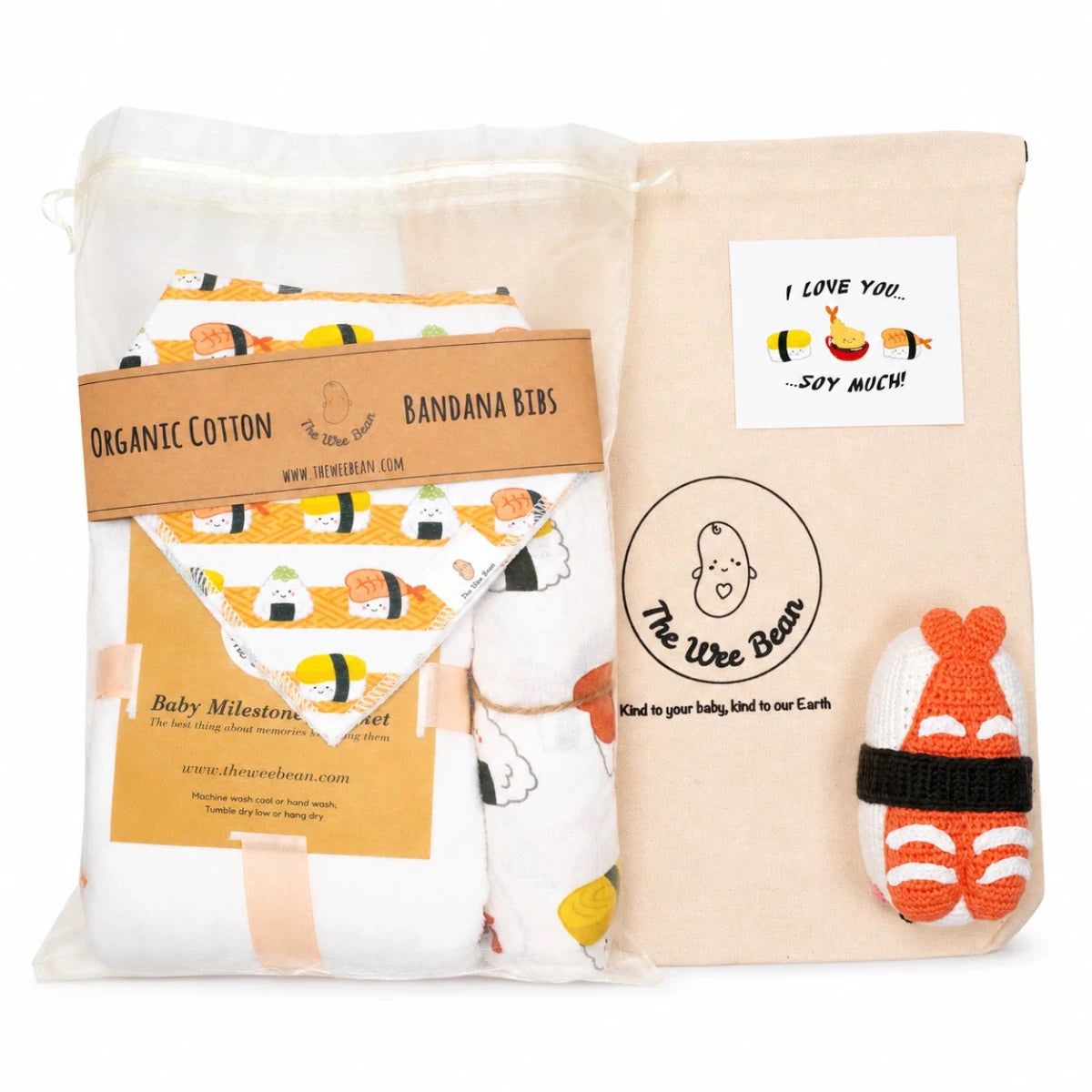 the wee bean organic and sustainable baby gift set with blankets bibs swaddle and rattle doll in taste of japan sushi tempura