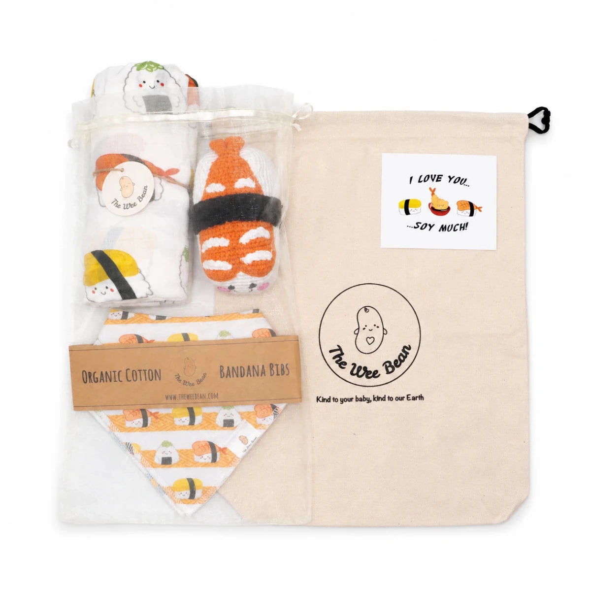 the wee bean organic baby essentials gift set in sushi with organic cotton bamboo swaddle, bib set and crochet rattle doll