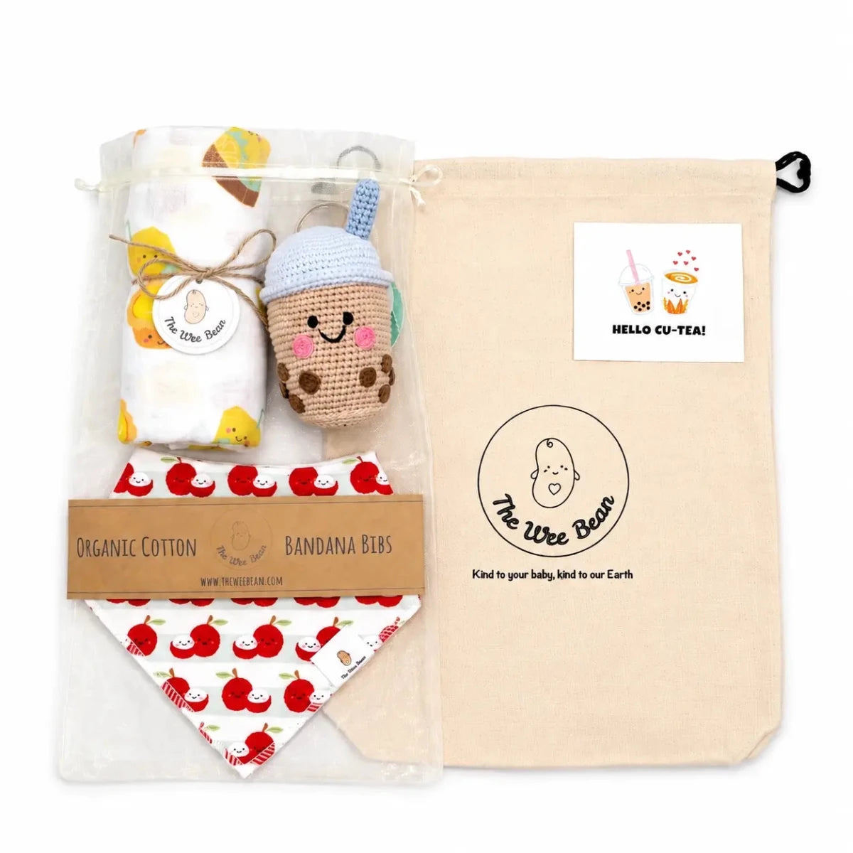 A baby gift set from The Wee Bean, featuring a cotton canvas drawstring bag and eco-friendly gift wrapping