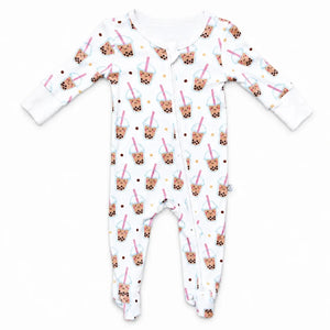 the wee bean bamboo romper with reversible double zipper convertible romper in boba bubble tea 