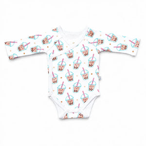 The Wee Bean Organic Cotton Long Sleeve Baby Onesie in Boba newborn side snap buttons