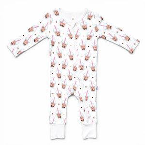 the wee bean bamboo romper with reversible double zipper convertible romper in boba bubble tea toddler size without footies