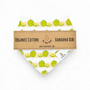 the wee bean organic cotton bib set in lychee and durian packaged