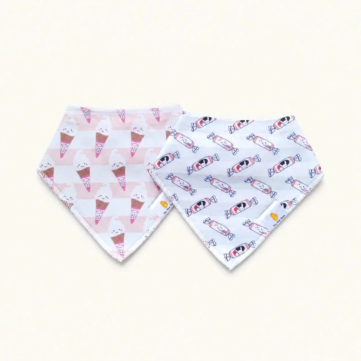 the wee bean organic cotton bib sets in white rabbit candy and soft icecream