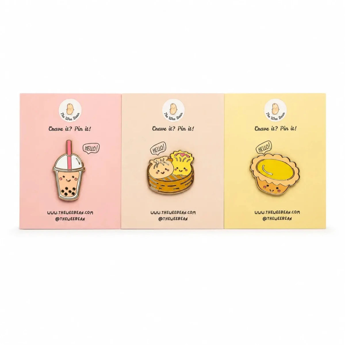 the wee bean 3pcs enamel pins set in Boba Tea, Dim Sum Hargow Siu Mai and Egg Tart