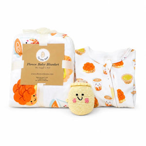 the wee bean sleepwear slumber organic gift set with dim sum pineapple bun and egg tart minky fleece sensory blanket, zip romper and rattle doll