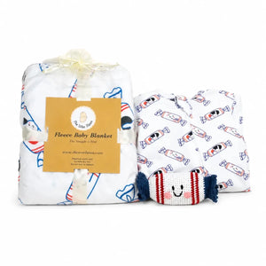 the wee bean sleepwear slumber organic gift set with bunny rabbit candy minky fleece sensory blanket, zip romper and rattle doll