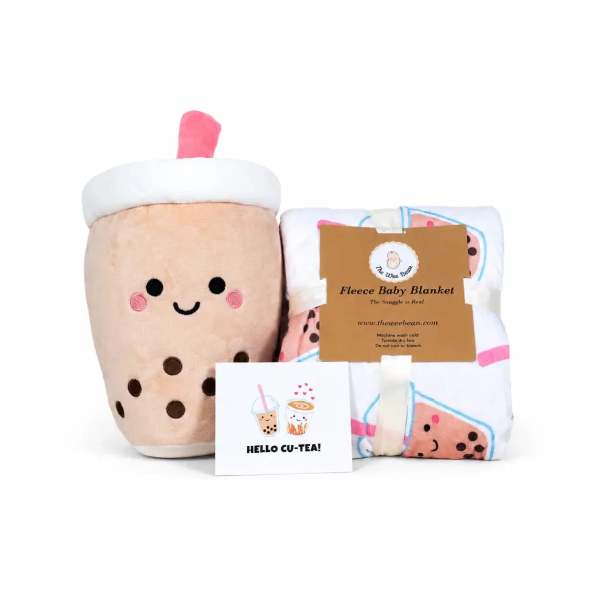 the wee bean boba milk tea snuggles gift set with boba plushie, boba minky fleece blanket in gift set