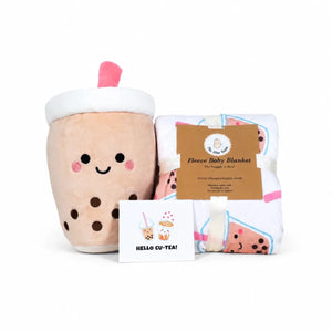 the wee bean boba milk tea snuggles gift set with boba plushie, boba minky fleece blanket in gift set