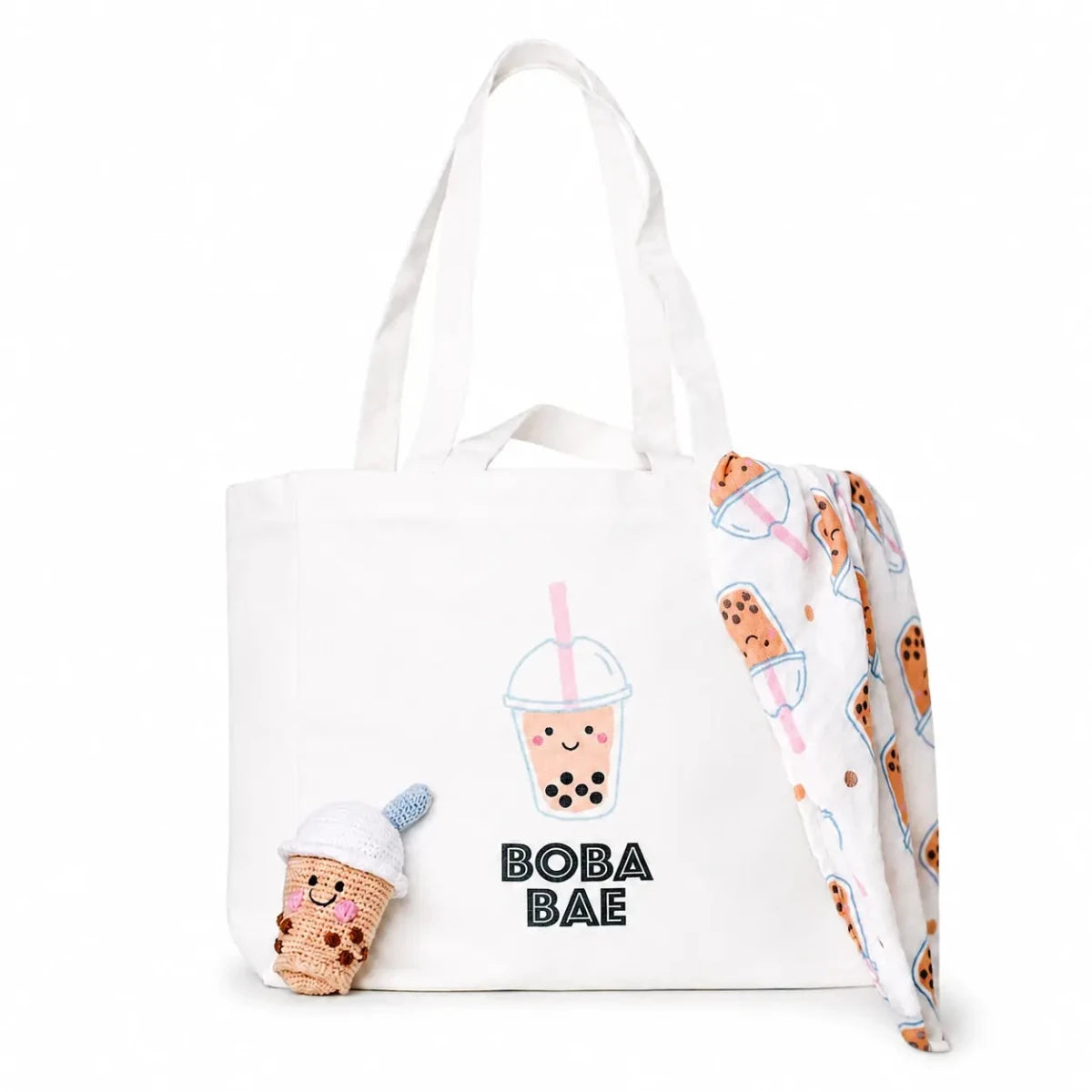 The  Wee Bean eco-friendly canvas reusable tote bag in Boba Bae with dolls and swaddle matching