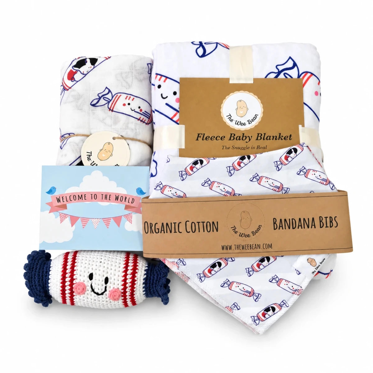 the wee bean organic cotton bamboo baby newborn baby shower gift set swaddle bib set minky blanket fair trade doll white rabbit candy