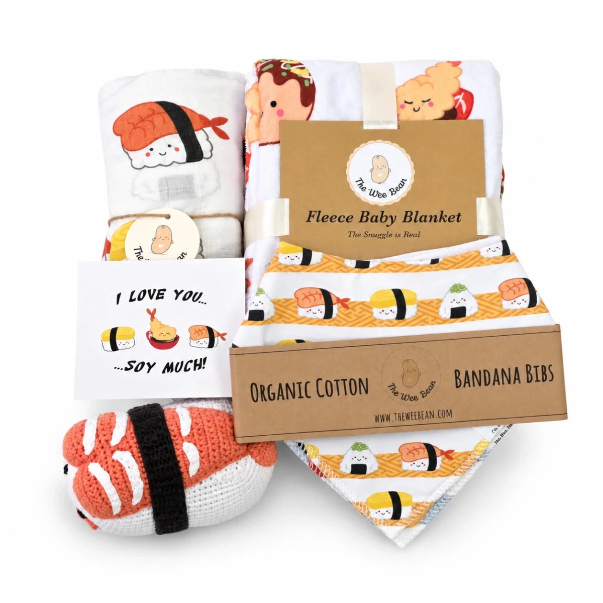 the wee bean organic and sustainable baby gift set with blankets bibs swaddle and rattle doll in taste of japan sushi tempura