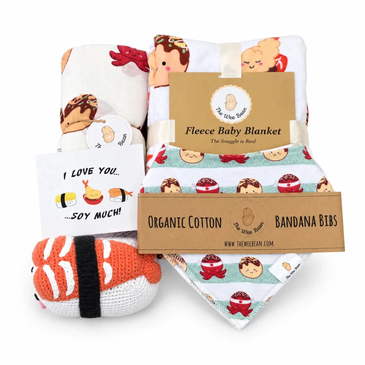 the wee bean organic and sustainable baby gift set blankets and bibs in takoyaki taste of Japan