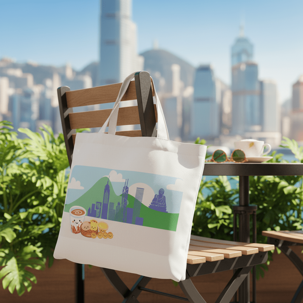 Tote bag with a cityscape design on a chair with hong kong city skyline in the background