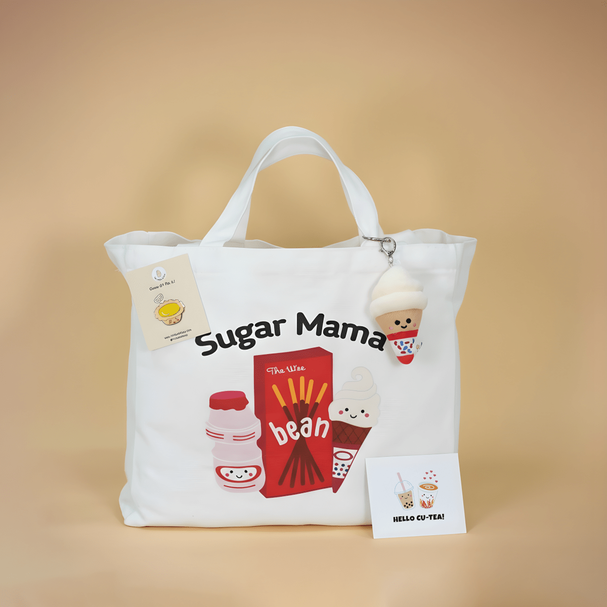 the wee bean sugar mama cotton canvas tote gift set with ice cream bag charm and egg tart enamel pin