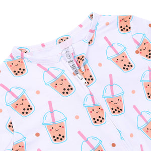 the wee bean bamboo romper with reversible double zipper romper in boba bubble tea