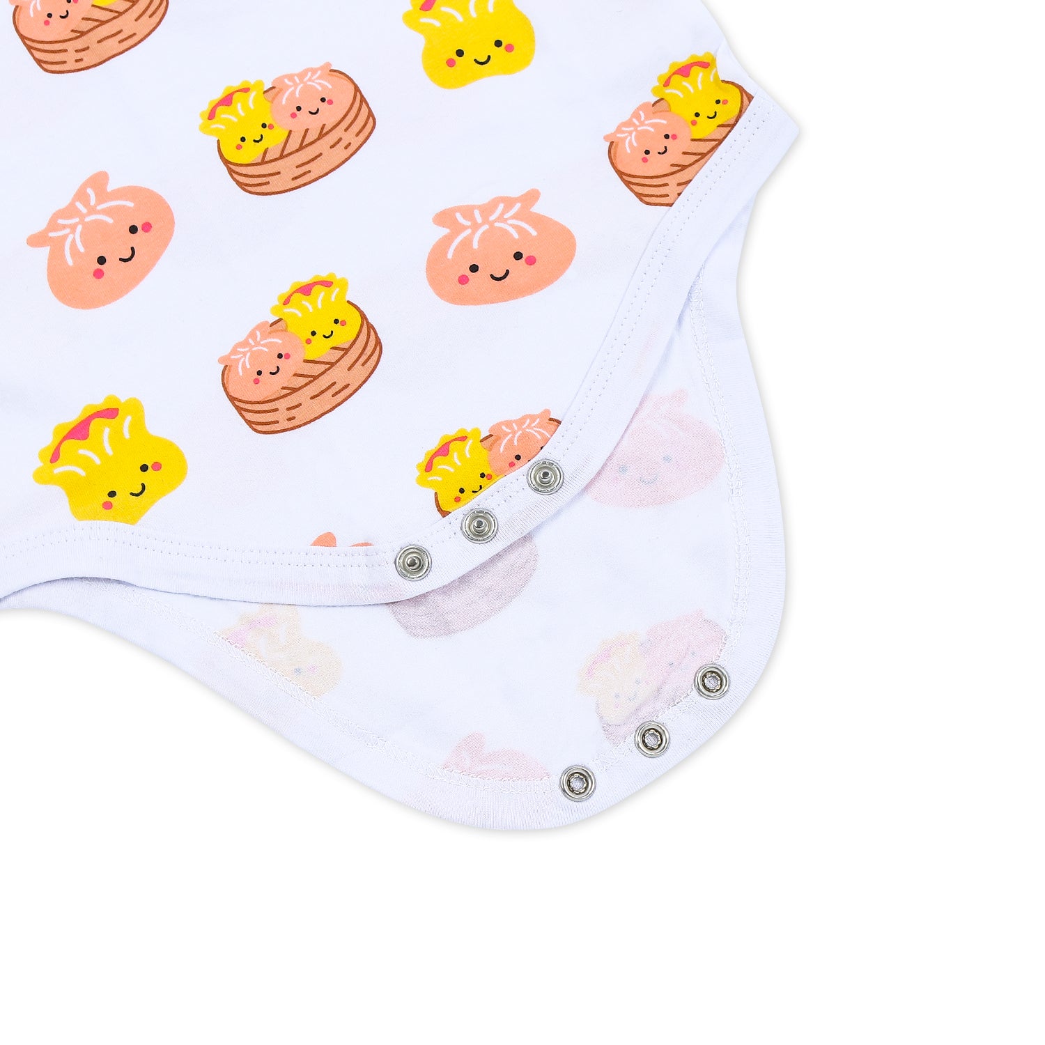 the wee bean organic cotton bodysuit onesie romper in dim sum hargow siumai with snap buttons
