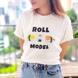 girl wearing the wee bean organic cotton super soft adult women teen t-shirt in sushi roll model