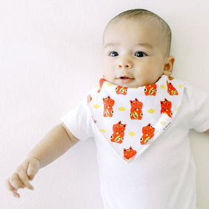 cute baby wearing the wee bean organic cotton baby bandana bibs in red fortune lucky cat from taste of japan collection