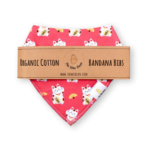 the wee bean organic cotton bandana baby bibs in lucky cat fortune cat eco-friendly packaging maneki neko