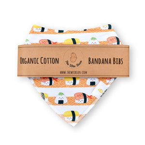 the wee bean organic cotton bandana baby bibs in sushi nigrir onigiri eco-friendly packaging 