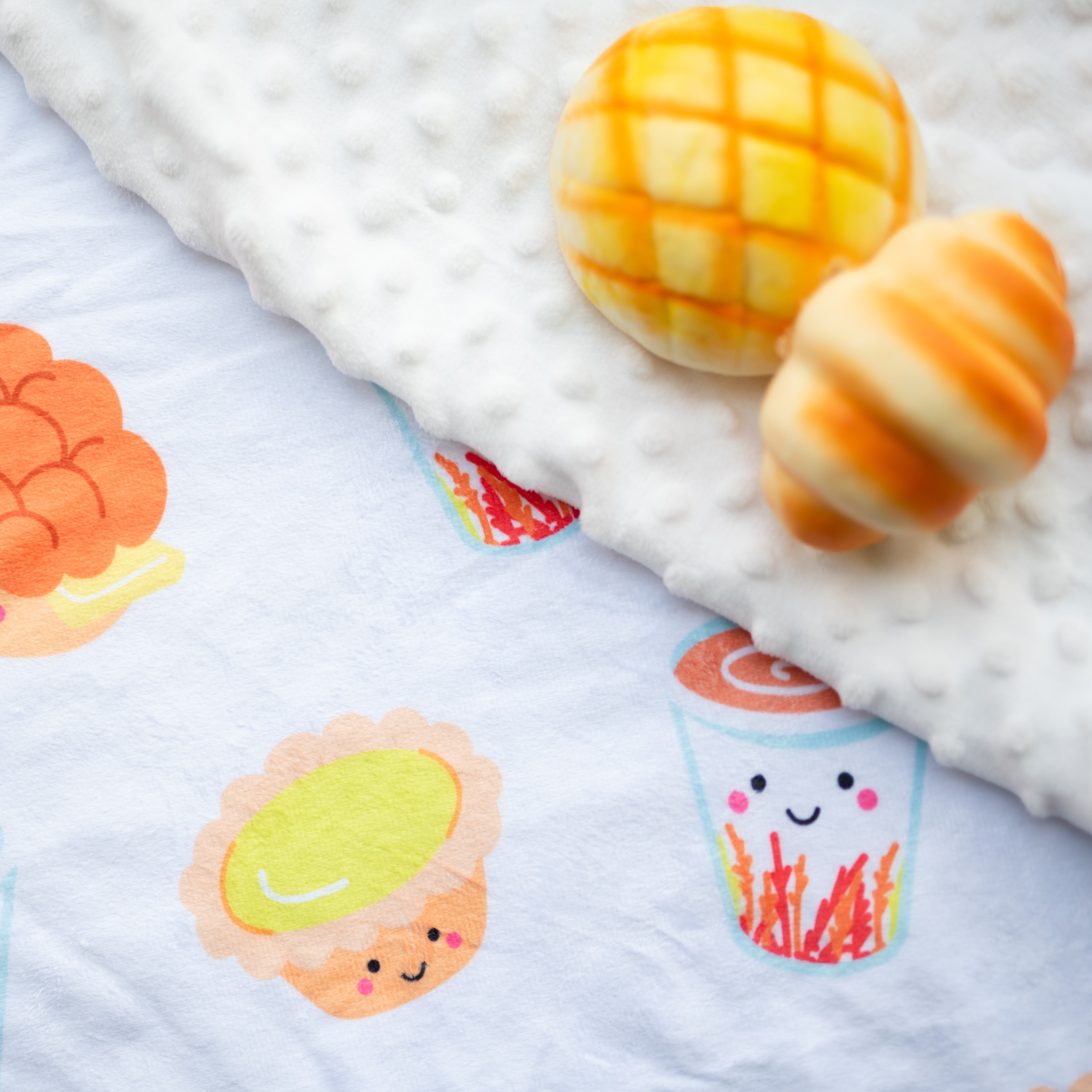 the wee bean super soft baby toddler kids minky fleece blanket in cha chaan teng with pineapple bun, milk tea and egg tart in taste of hong kong collection