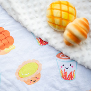 the wee bean super soft baby toddler kids minky fleece blanket in cha chaan teng with pineapple bun, milk tea and egg tart in taste of hong kong collection