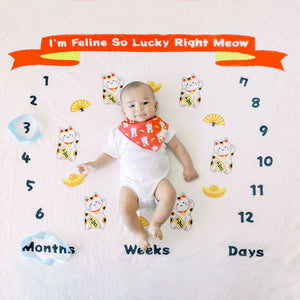 baby on the wee bean milestone blanket growth tracker in fortune lucky cat