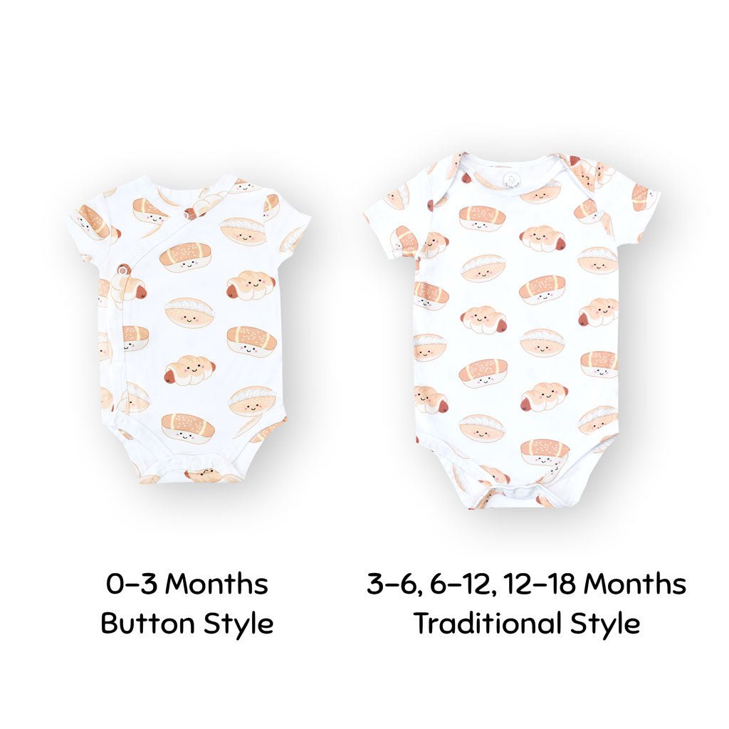 the wee bean organic cotton onesie romper bodysuit in bakery buns sausage buns cocktail bun