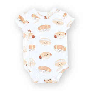 the wee bean organic cotton baby onesies in bakery buns with kimono side snap buttons