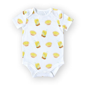 the wee bean organic cotton baby onesie bodysuit in vita lemon tea and egg tart