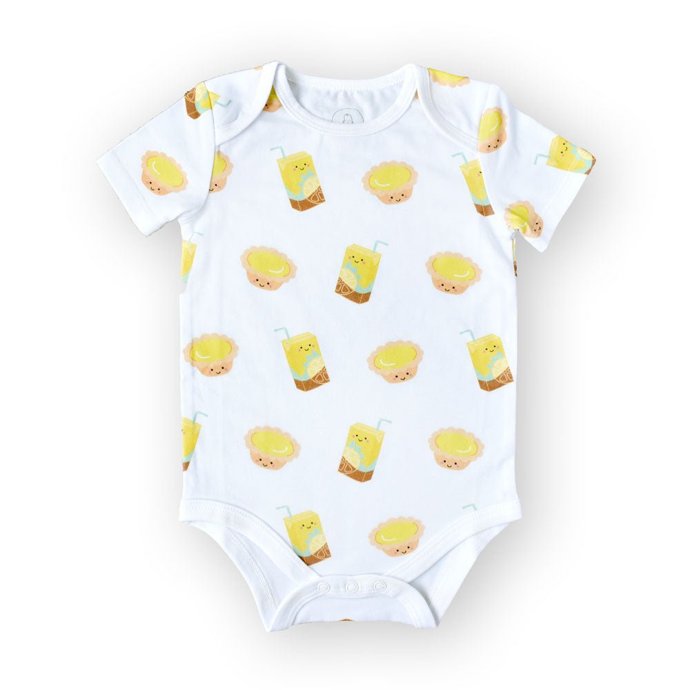 the wee bean organic cotton onesie toddler bodysuit in egg tart and lemon tea