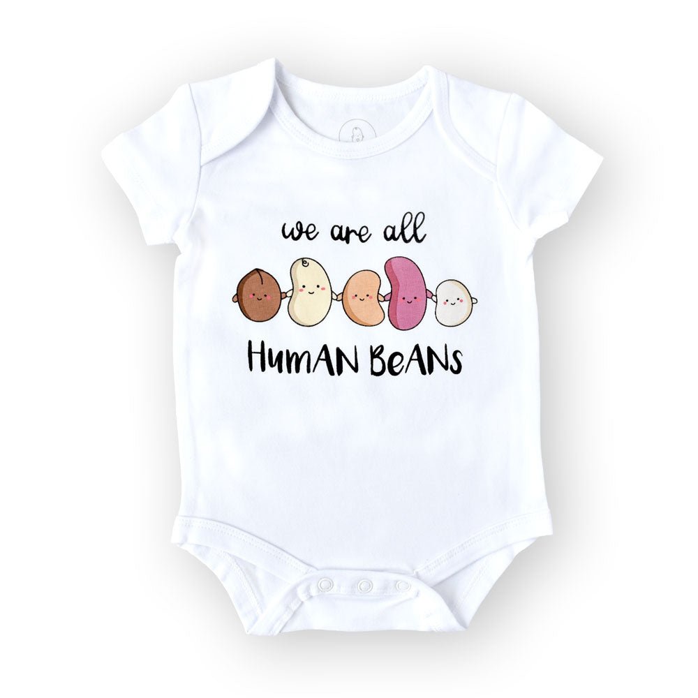 the wee bean organic cotton onesie in we are all human beans anti-hate anti-violence charity