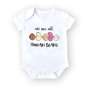 the wee bean organic cotton onesie in we are all human beans anti-hate anti-violence charity