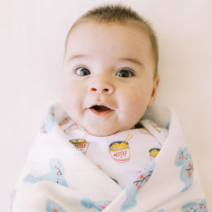 the wee bean cute baby in cup noodle onesie and sake swaddle