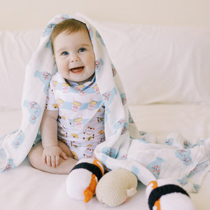 the wee bean organic cotton swaddle and onesie in cup noodle, sake and lucky cat