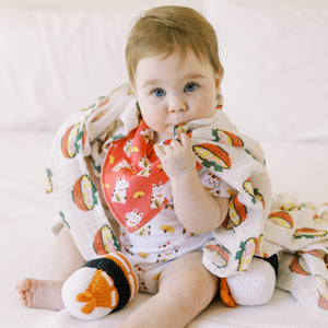 the wee bean cute baby in lucky cat bib and ramen organic swaddle