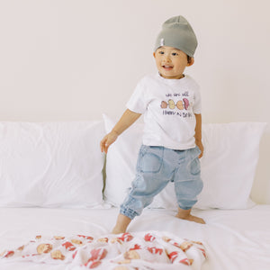 cute stylish toddler kid in the wee bean organic cotton tee t-shirt in we are all human beans