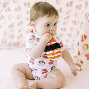 the wee bean organic cotton bandana bib and organic cotton onesie in takoyaki